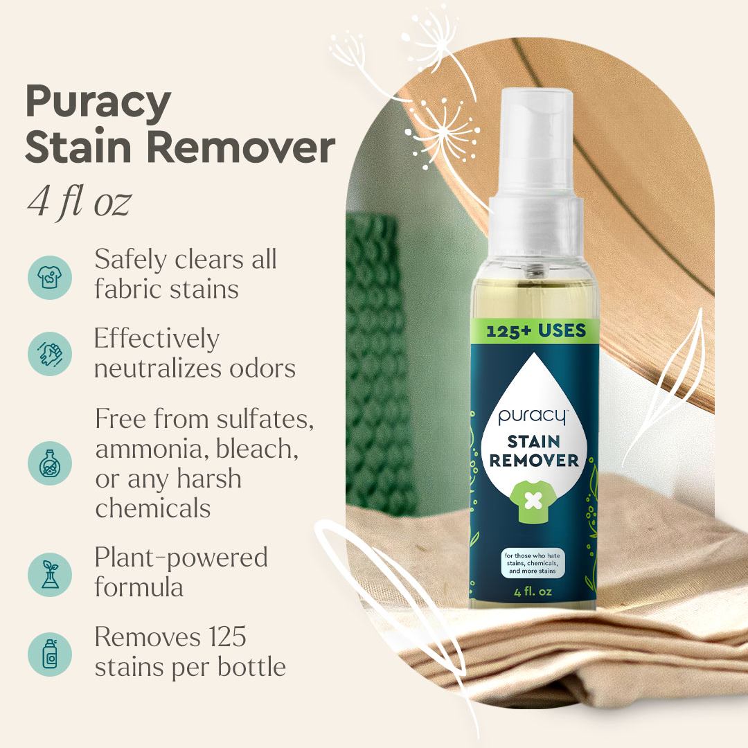 Puracy Laundry Stain Remover spray bottle with plant-based benefits and features shown alongside.