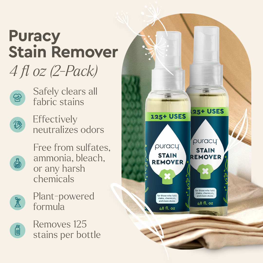 Two bottles of Laundry Stain Remover with features and benefits shown on a beige background.