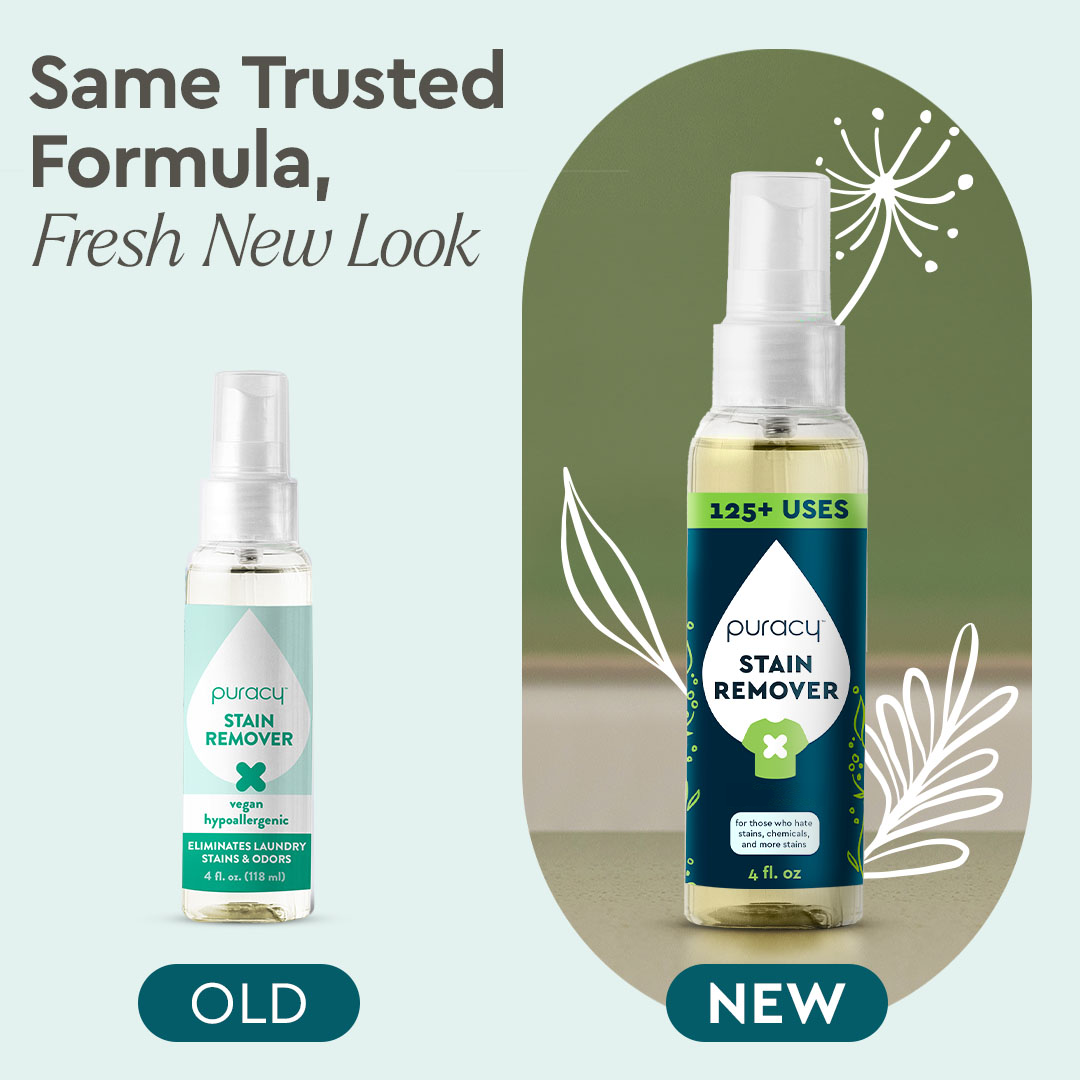 Laundry Stain Remover bottles: old design left, new plant-based formula right.