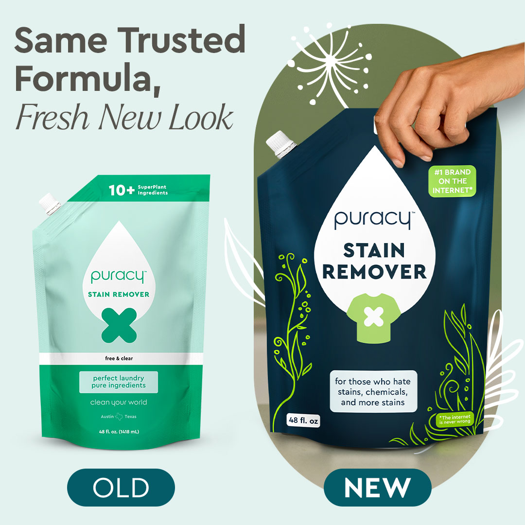 Side-by-side of old and new Laundry Stain Remover packaging with updated look and branding. #common #scent_unscented refill_#size