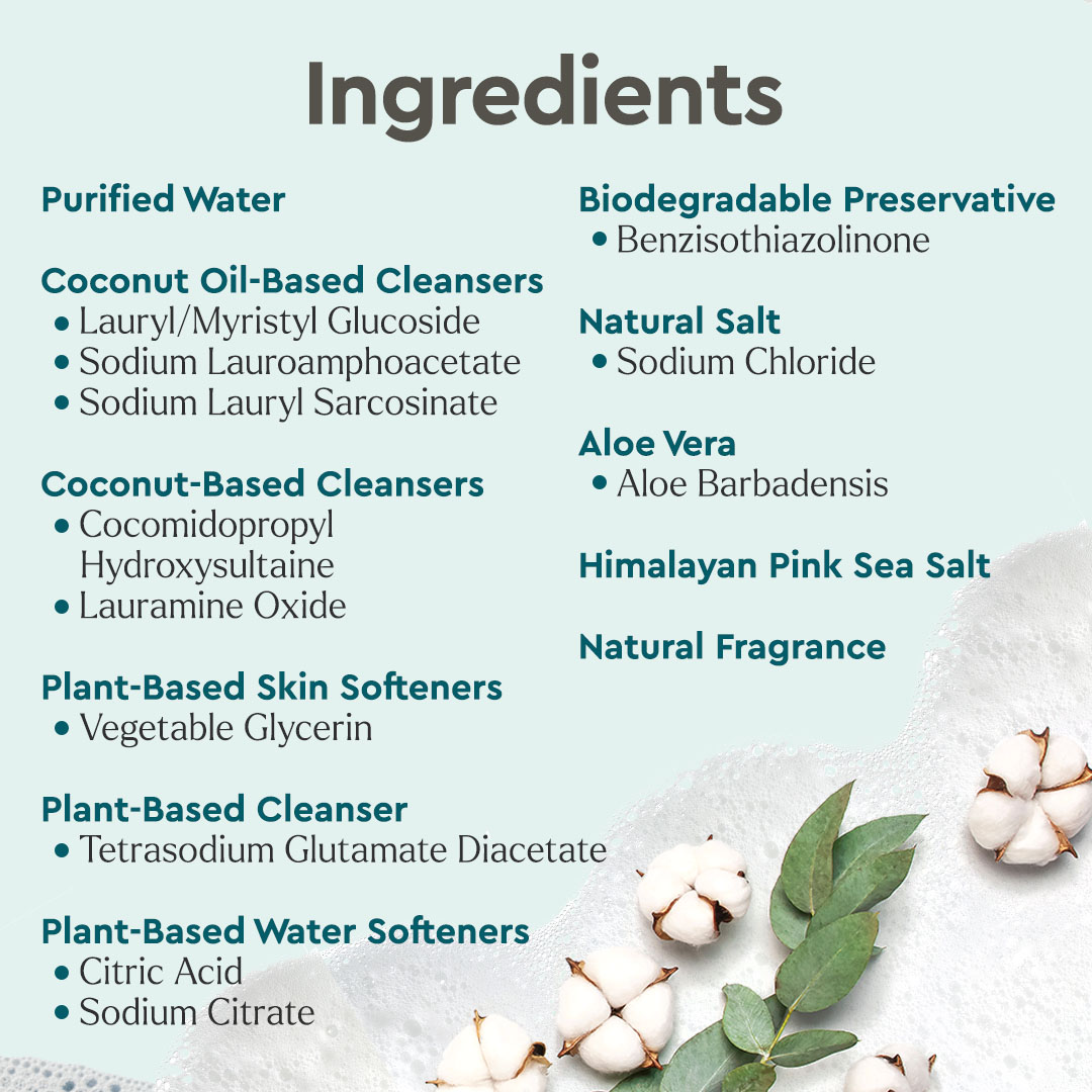 Laundry Stain Remover with plant-based ingredients is shown on a light background with cotton flowers.