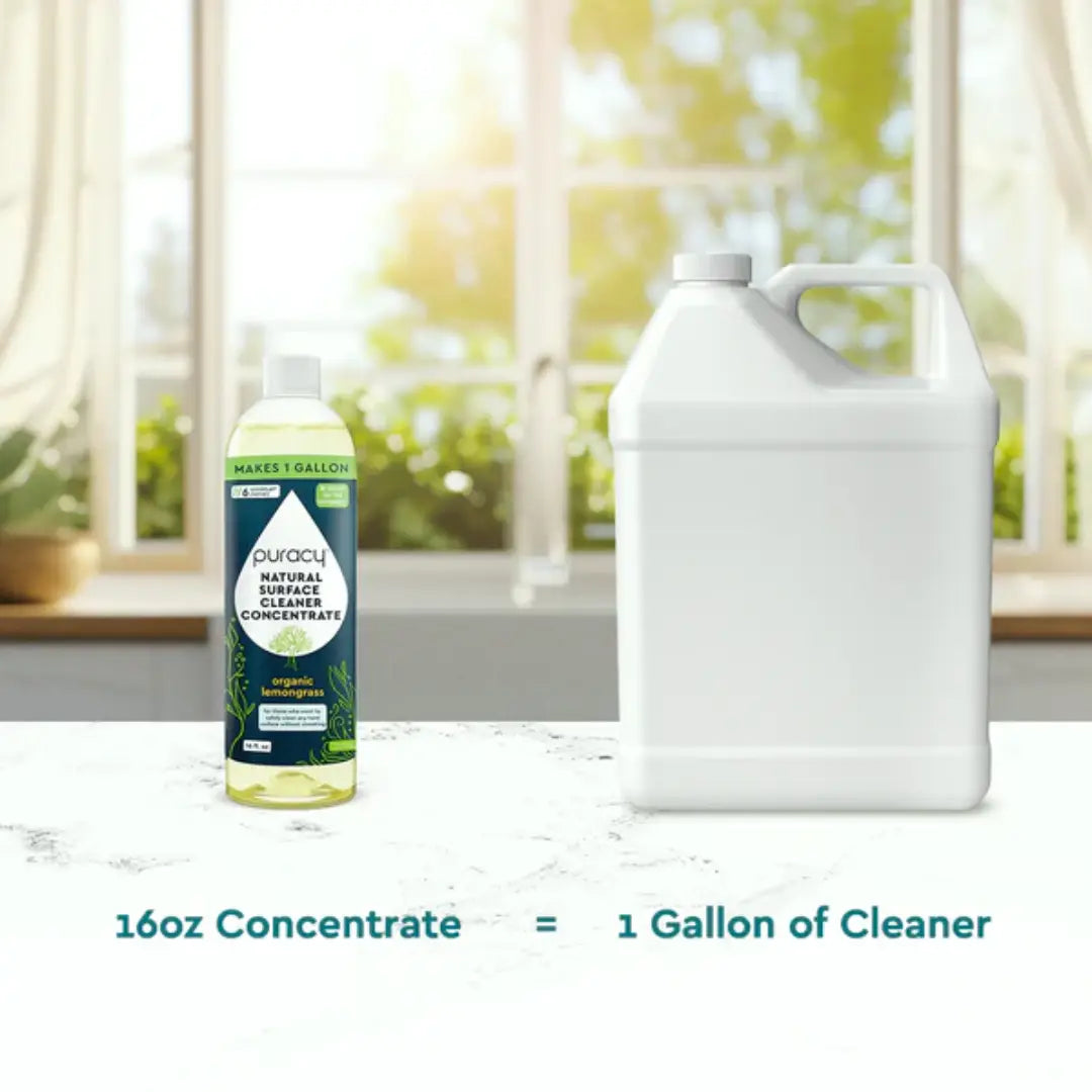 Two bottles rest on the counter: one labeled "Everyday Multi-Surface Cleaner," while the other is blank. The text describes the product as an eco-friendly, biodegradable cleaner suitable for multiple surfaces. #common #scent_organic-lemongrass
