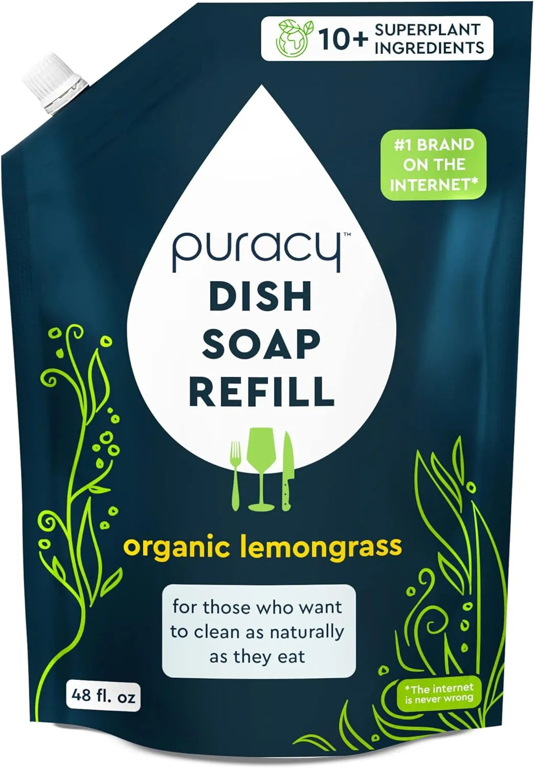 The Natural Dish Soap refill pouch, with a capacity of 48 fl. oz., includes organic lemongrass and features a plant design, offering eco-friendly ingredients for a natural fragrance.