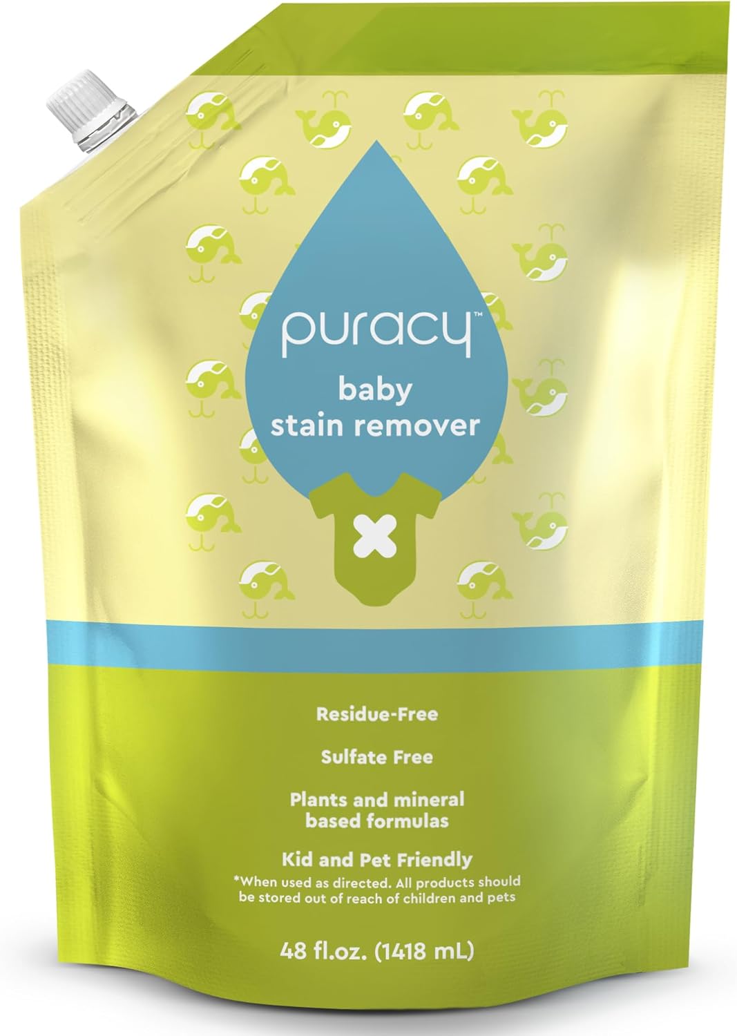 A 48 fl. oz. pouch of Puracy Laundry Stain Remover – For New Customers in Canada, green/blue label.