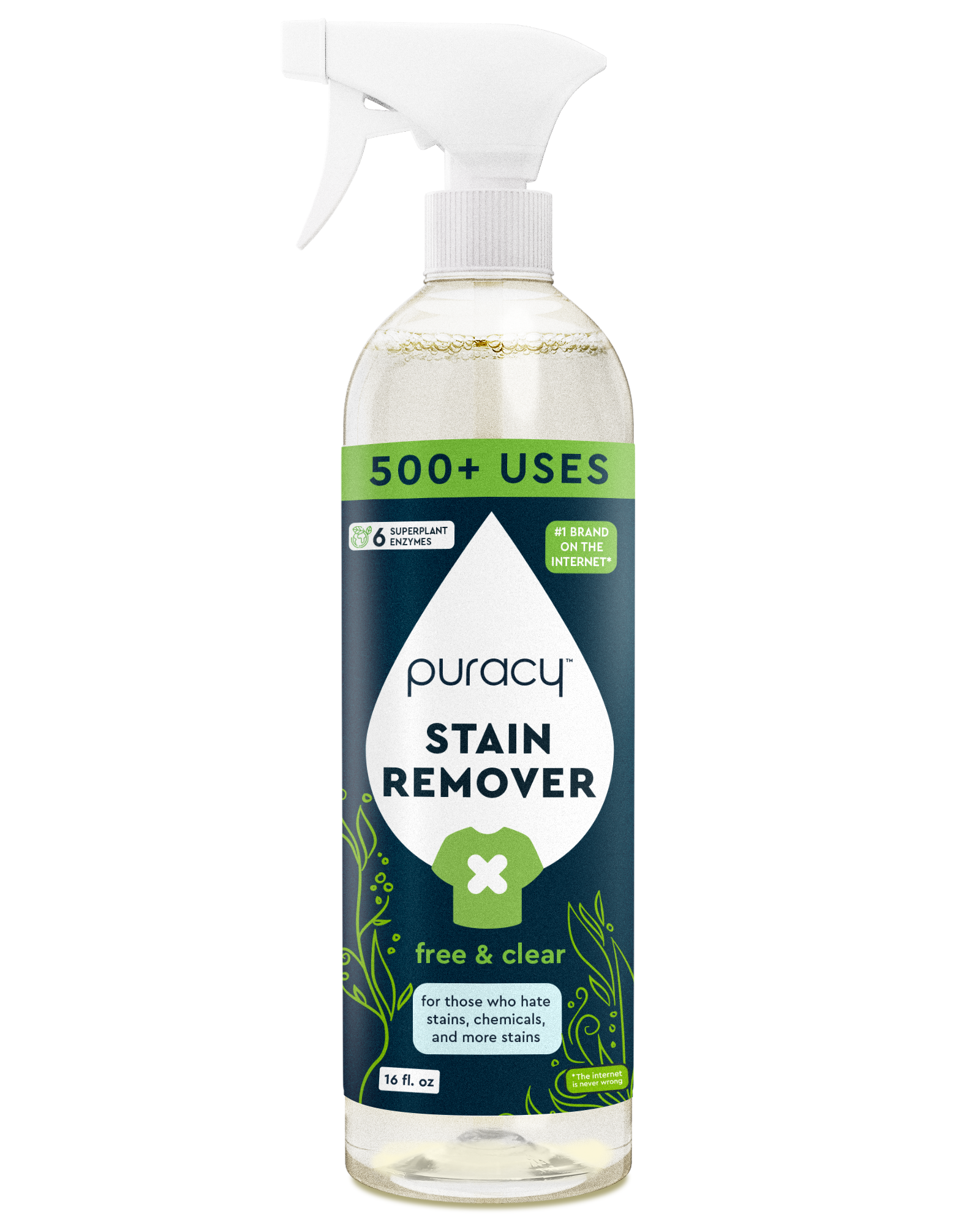 Clear spray bottle of Laundry Stain Remover, labeled free & clear with green accents.