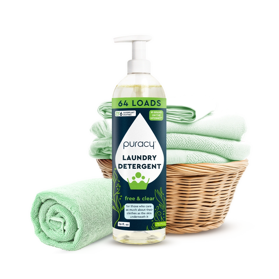 Puracy Gel Hand Soap, 64 loads free & clear, plant-derived ingredients in a basket.