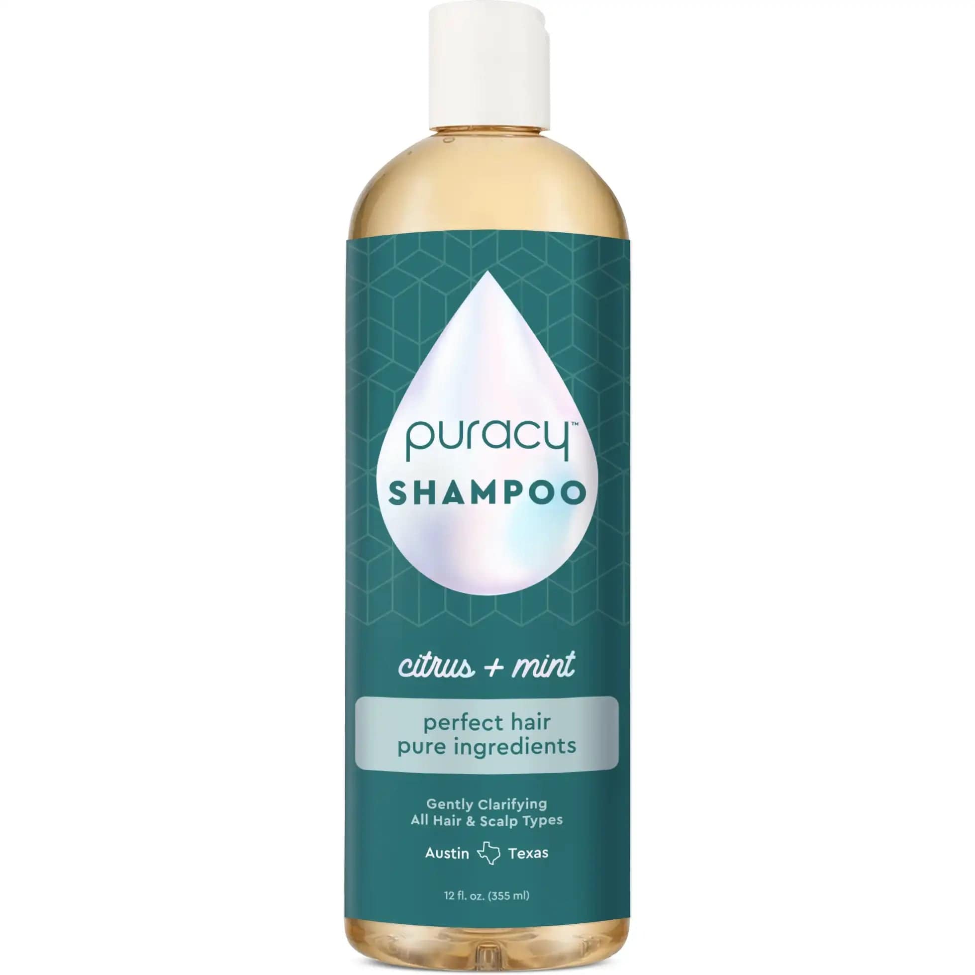 The Puracy Shampoo (Sulfate/Paraben/Silicone-Free) bottle, with a teal label and clear liquid, is infused with botanical extracts in a 12 oz size and features a refreshing citrus + mint scent. #common #scent_citrus-mint standard_#size