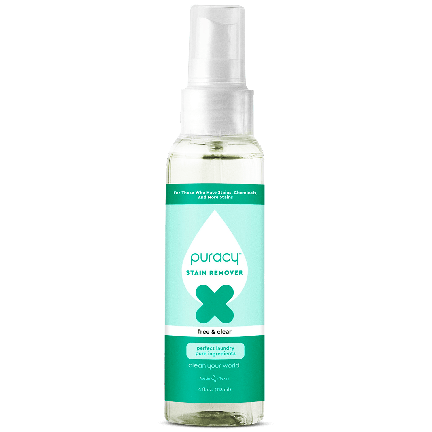 A bottle of Laundry Stain Remover (100% off), green and white label, with a clear spray cap.