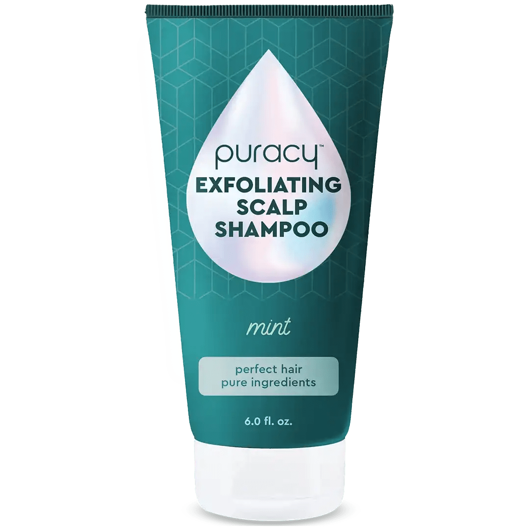 Turquoise tube of Exfoliating Scalp Shampoo, mint scent, for natural hair care, 6 oz.