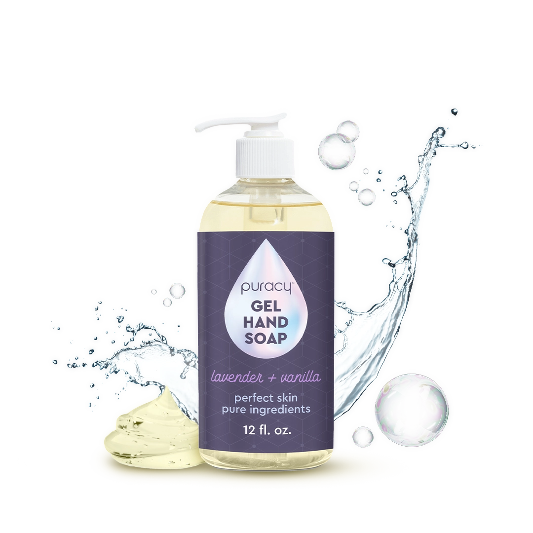 Puracy Gel Hand Soap with plant-based ingredients, surrounded by bubbles and a refreshing water splash.
