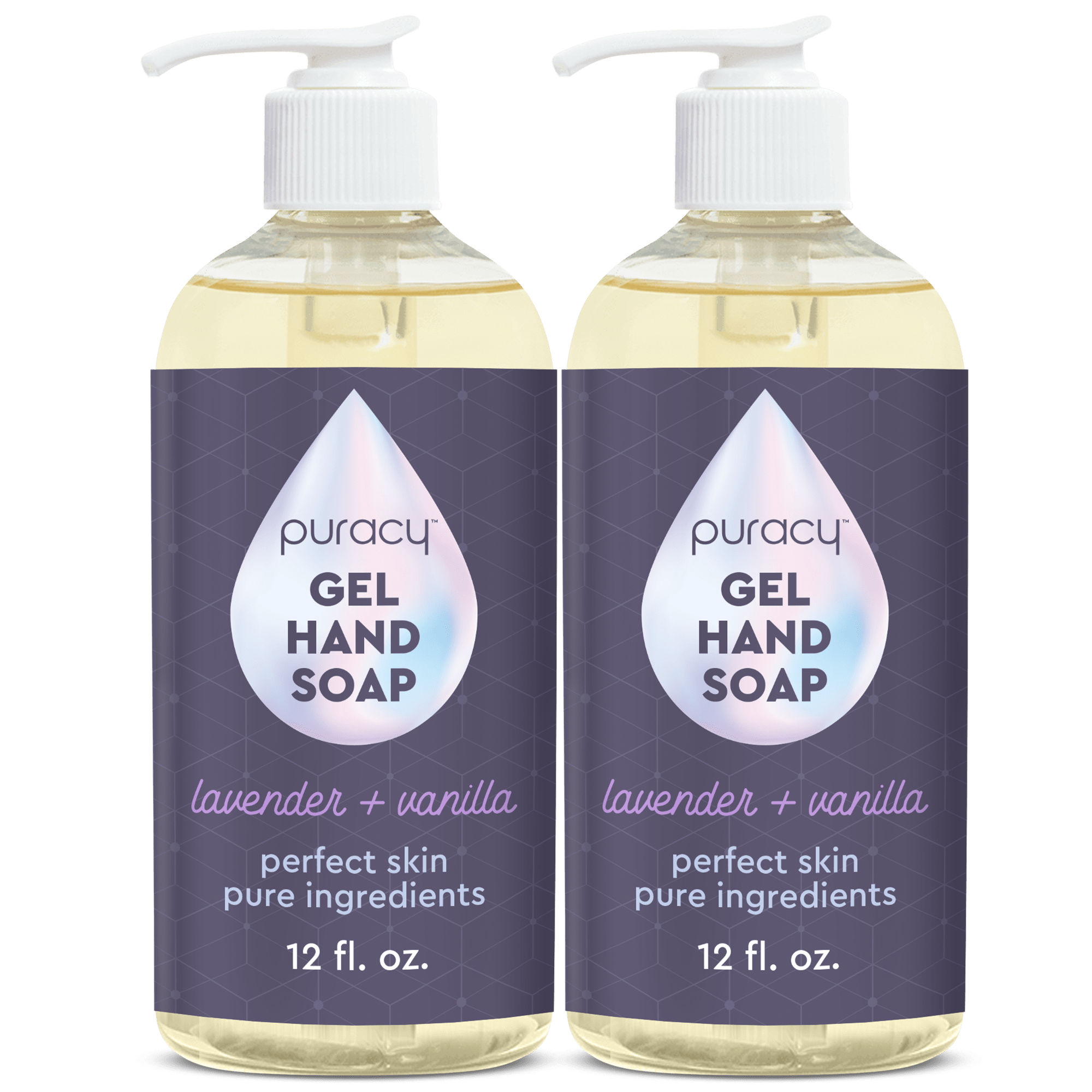 A pair of Puracy Gel Hand Soap bottles, each offering 12 fl. oz. of moisturizing and hydrating formula with a lavender vanilla fragrance, are equipped with pump dispensers and crafted from plant-derived ingredients for a gentle yet effective cleanse.