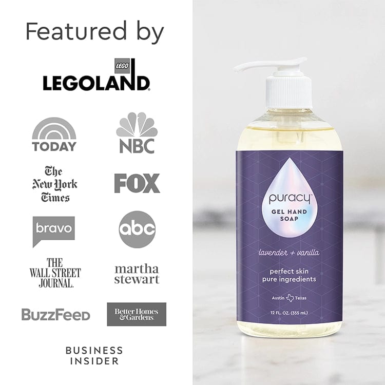 The Gel Hand Soap, enriched with moisturizing and hydrating plant-derived ingredients, is displayed next to logos from media outlets such as NBC and The New York Times.#scent_lavender-&-vanilla|size_standard