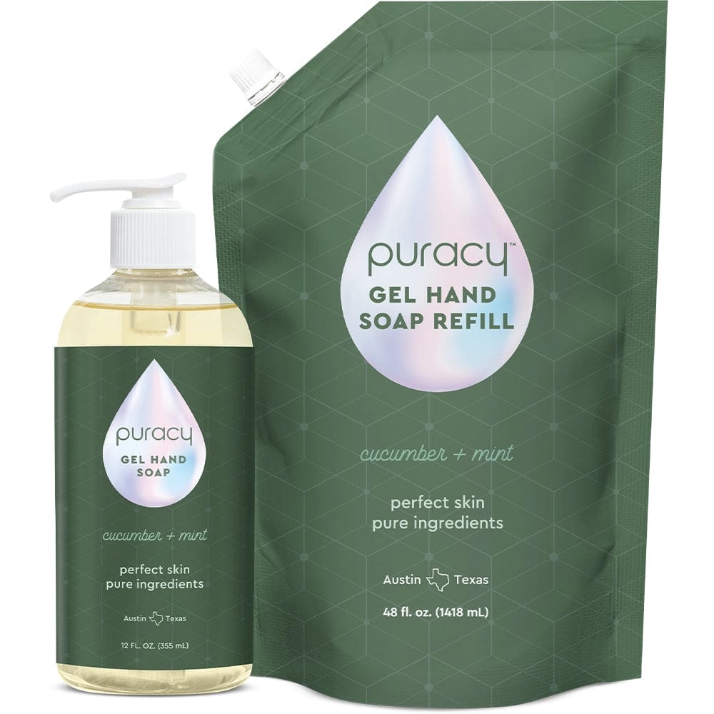 The Gel Hand Soap pump and refill pouch set from Puracy in the cucumber mint scent features a moisturizing and hydrating cleansing liquid formulated with plant-derived ingredients.