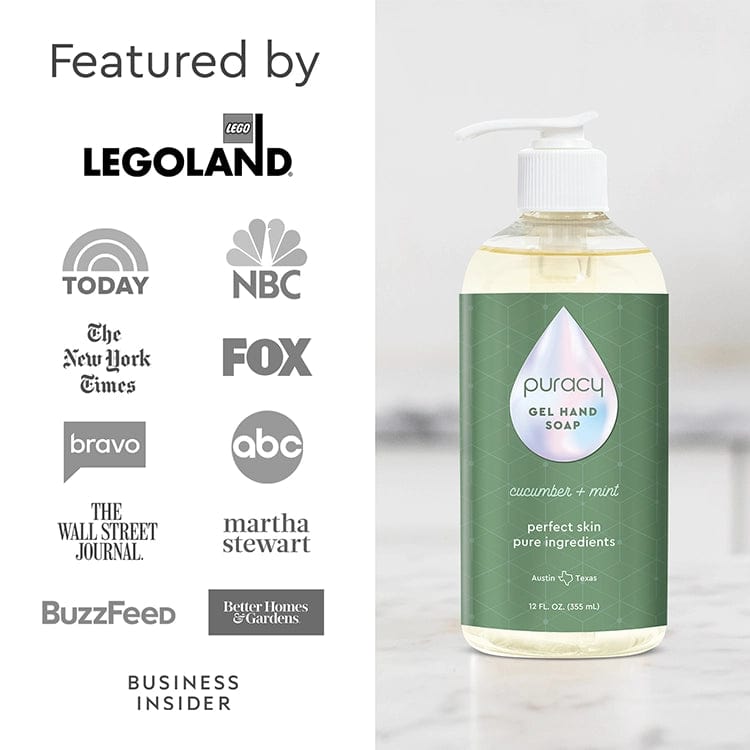 Puracy's Gel Hand Soap is highlighted with logos from prominent media outlets such as NBC, Fox, and The Wall Street Journal and is made with plant-derived ingredients to provide a moisturizing and hydrating cleanse.