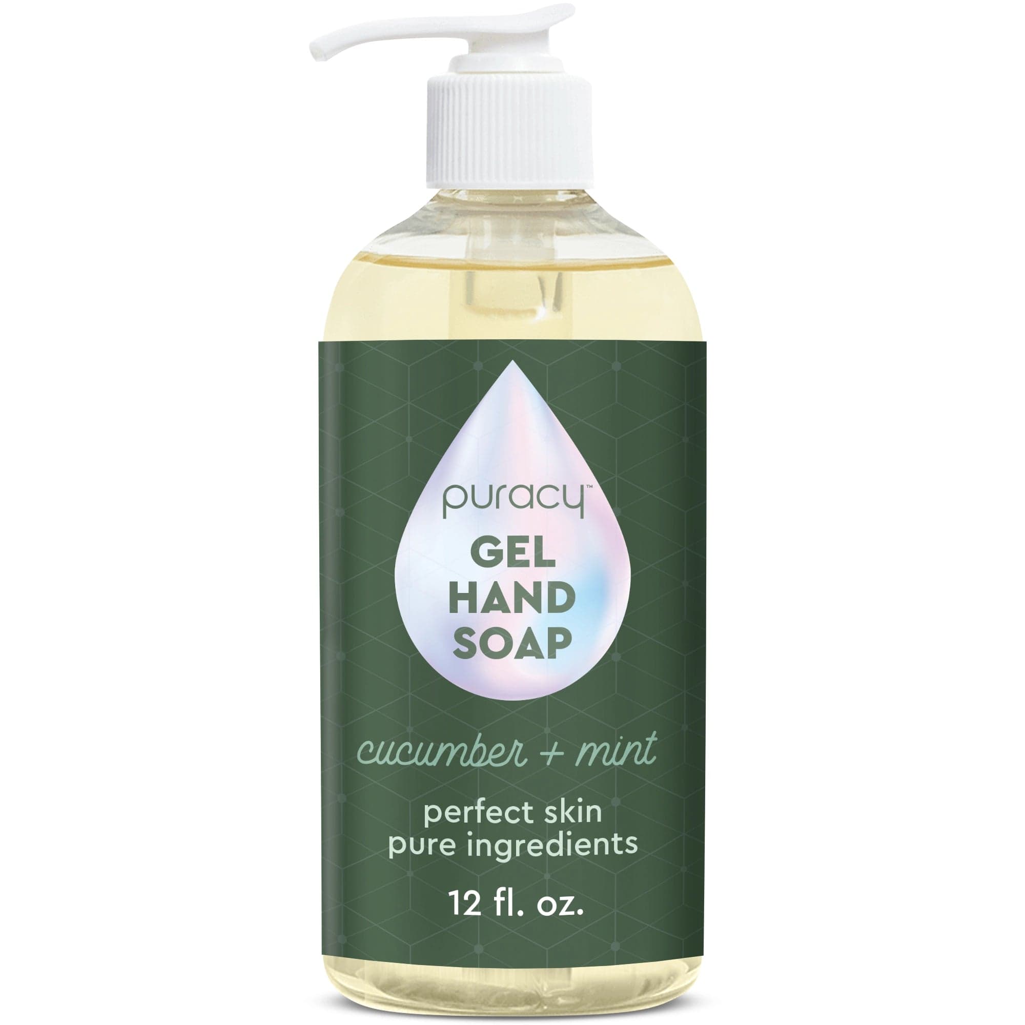 Puracy's Gel Hand Soap bottle with a pump, made with plant-based ingredients, delivers a refreshing cucumber mint scent. This 12 fl. oz. cleansing gel provides moisturizing and hydrating benefits for your skin.