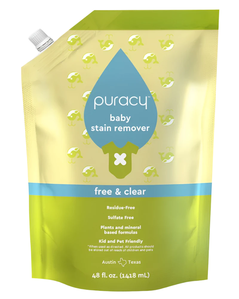 The Baby Stain Remover provides a hypoallergenic and eco-friendly option in a free & clear, 48 fl. oz. pouch, featuring a sulfate-free, plant-based formula enriched with powerful plant-based enzymes.