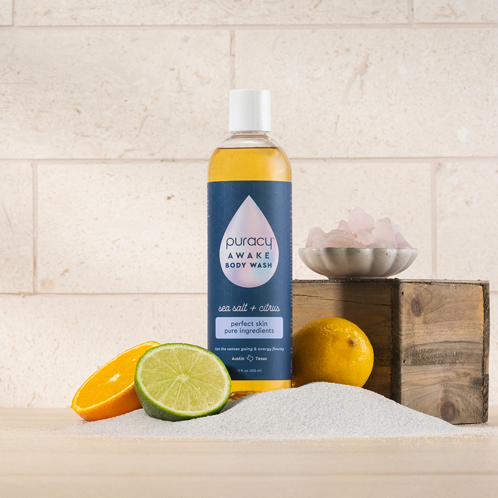 Puracy Body Wash (Acidified, pH Balanced) with citrus, sea salt, and coconut cleansers.