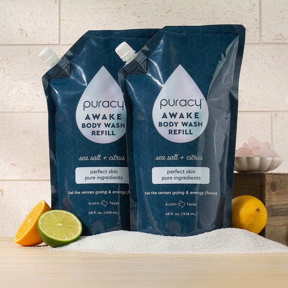 Two Body Wash (Acidified, PH Balanced) refill pouches with moisturizing coconut cleansers displayed.