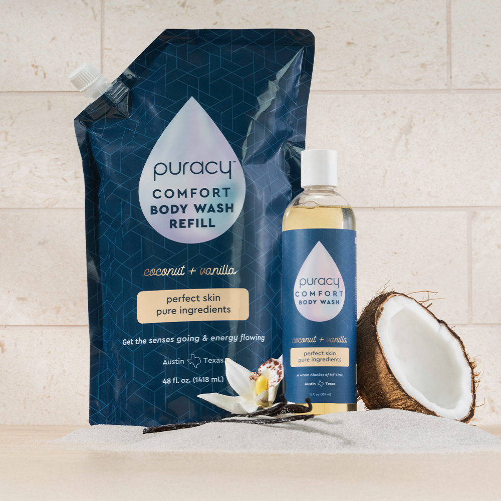 Body Wash (Acidified, PH Balanced) with moisturizing coconut cleansers and vanilla beans.