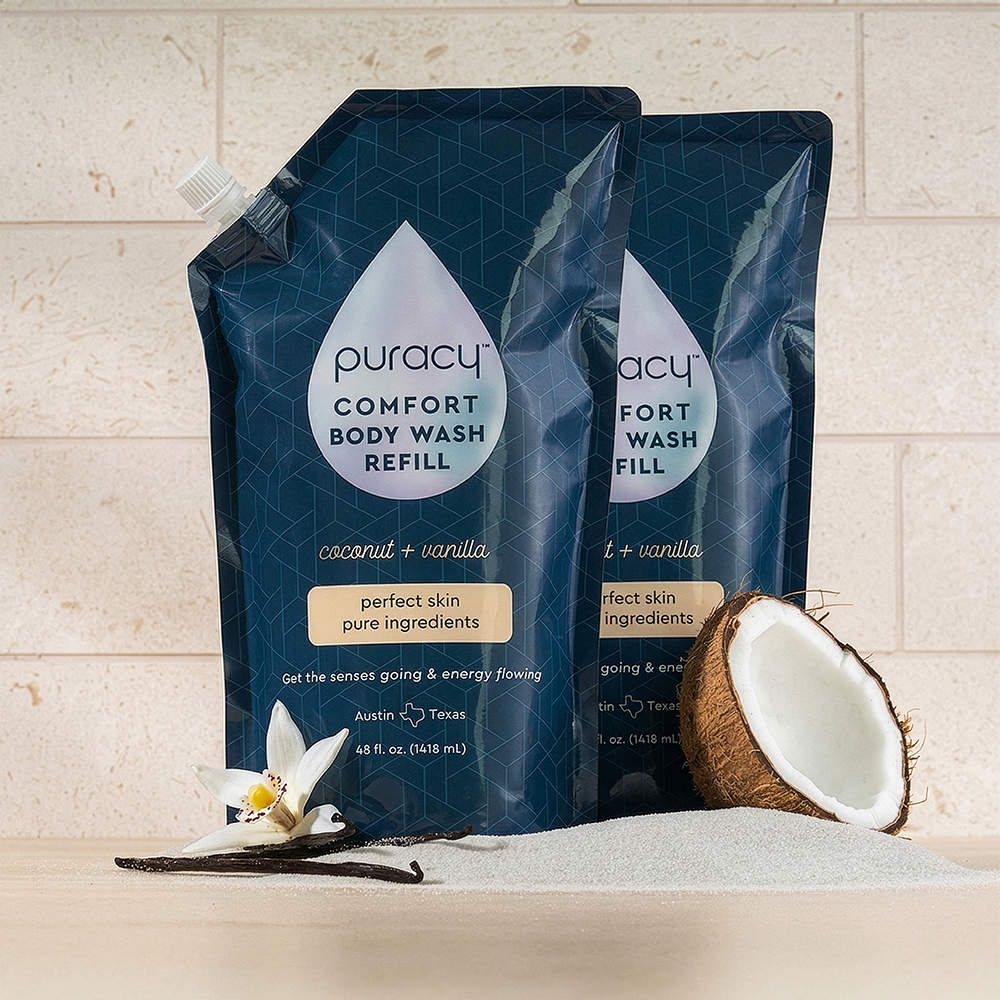 Two Body Wash (Acidified, PH Balanced) refills with moisturizing coconut cleansers shown in front.