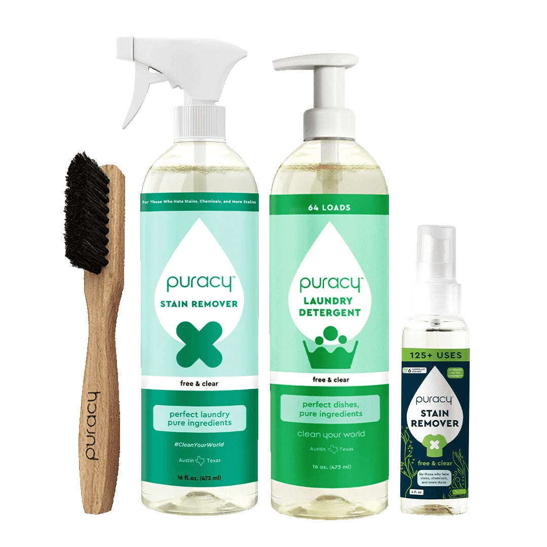 The Laundry Essentials Bundle provides a comprehensive laundry solution with its detergent, stain remover, spray, and wooden brush—ideal for handling tough stains.