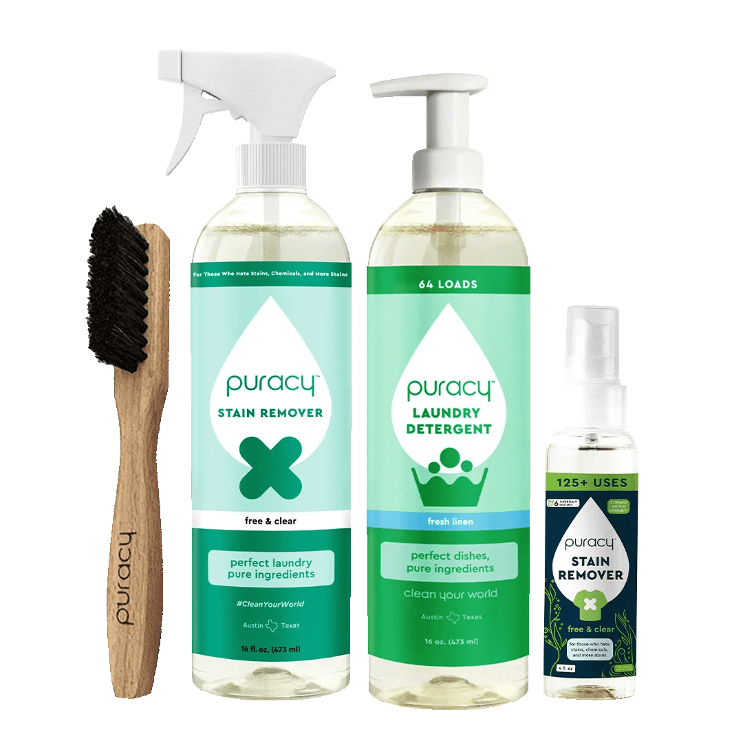 Discover the Laundry Essentials Bundle: a stain remover spray, laundry detergent, and brush set against a vibrant green backdrop. Effortlessly tackle tough stains and enhance your laundry routine with this powerful trio designed for impeccable results every time.