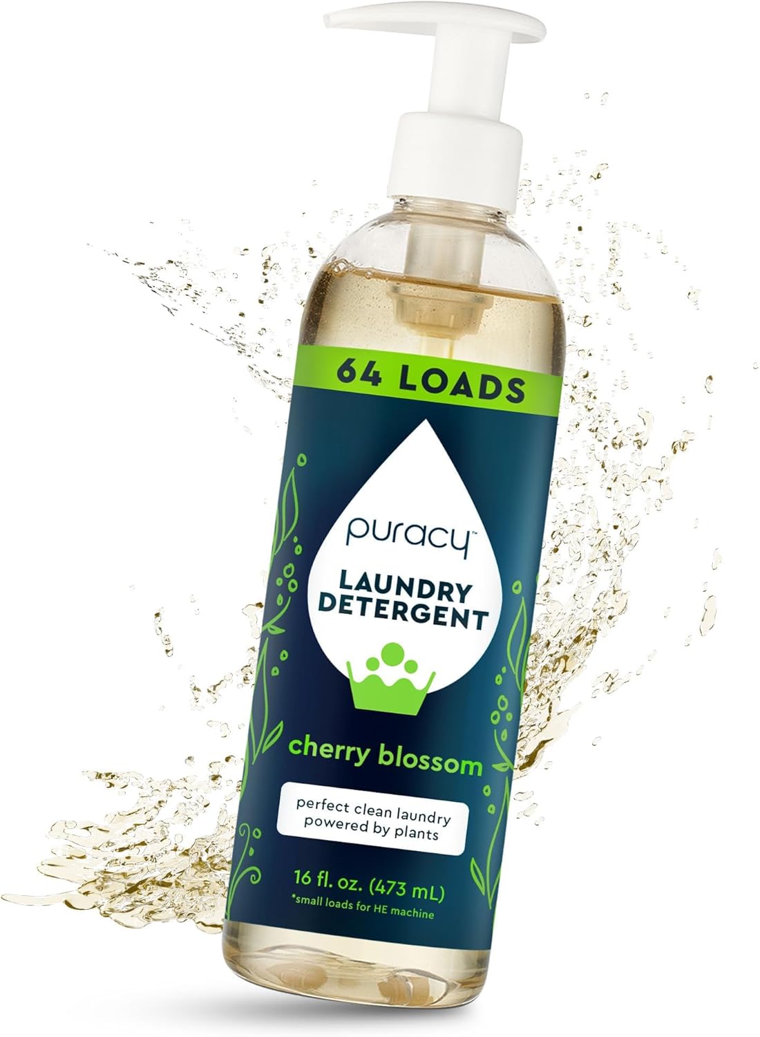 Clear bottle of eco-friendly Laundry Detergent (Concentrated, Sulfate-Free), cherry blossom scent, with pump.