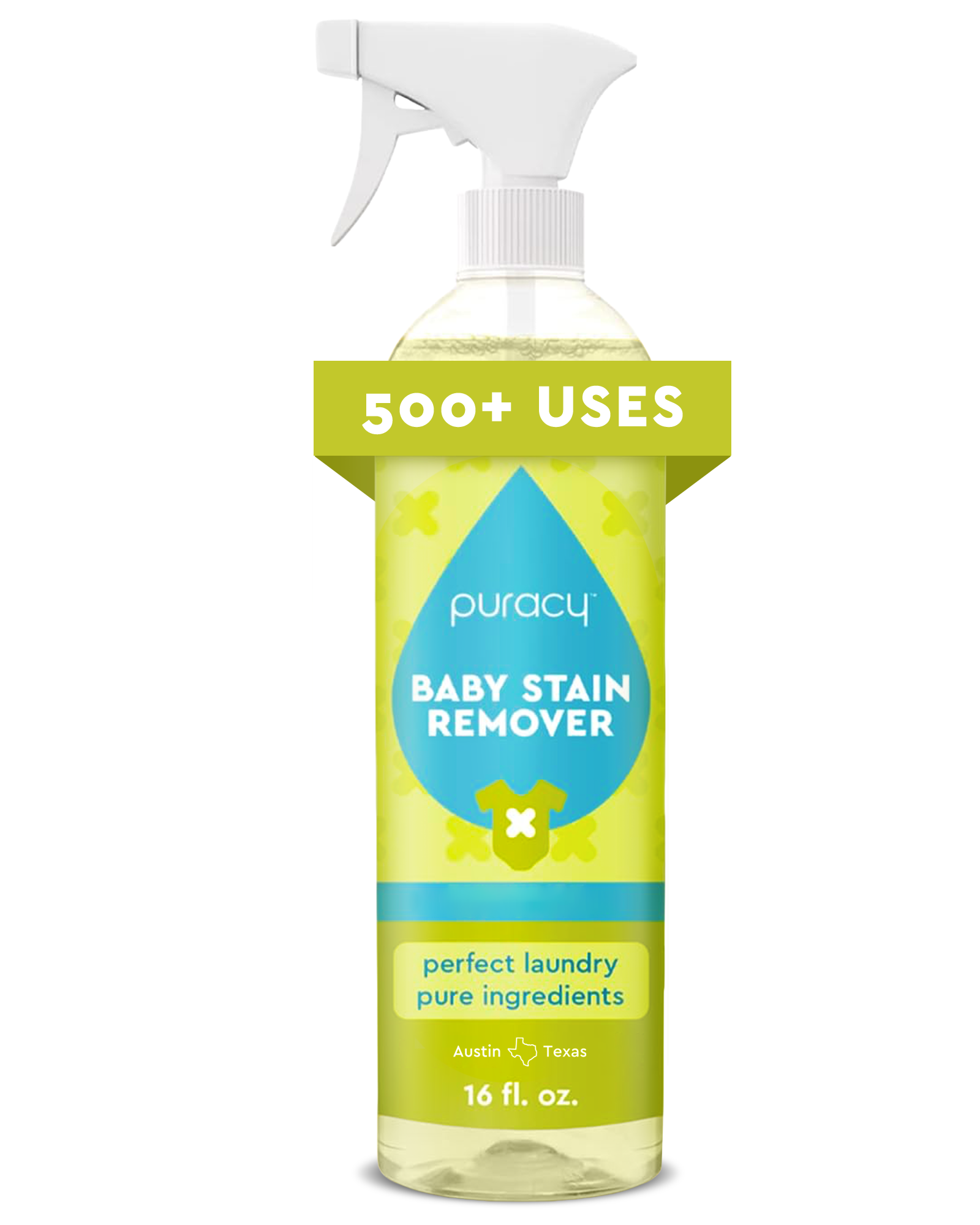 Baby Stain Remover, 16 fl. oz., plant-based enzyme spray with hypoallergenic green & blue design.