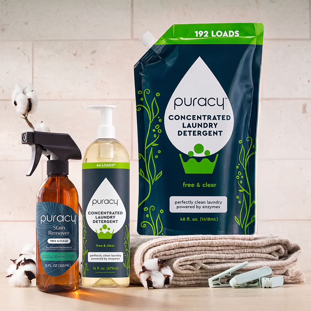 Detergent Combo + Stain Remover shown with folded towels and cotton stems in the background.
