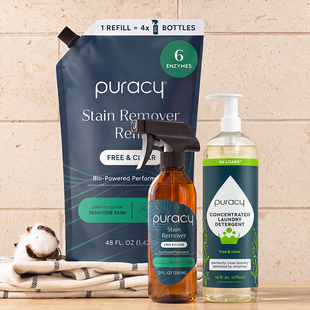 Spray Stain Remover Combo + Detergent on a cotton cloth and apply to beige fabric.