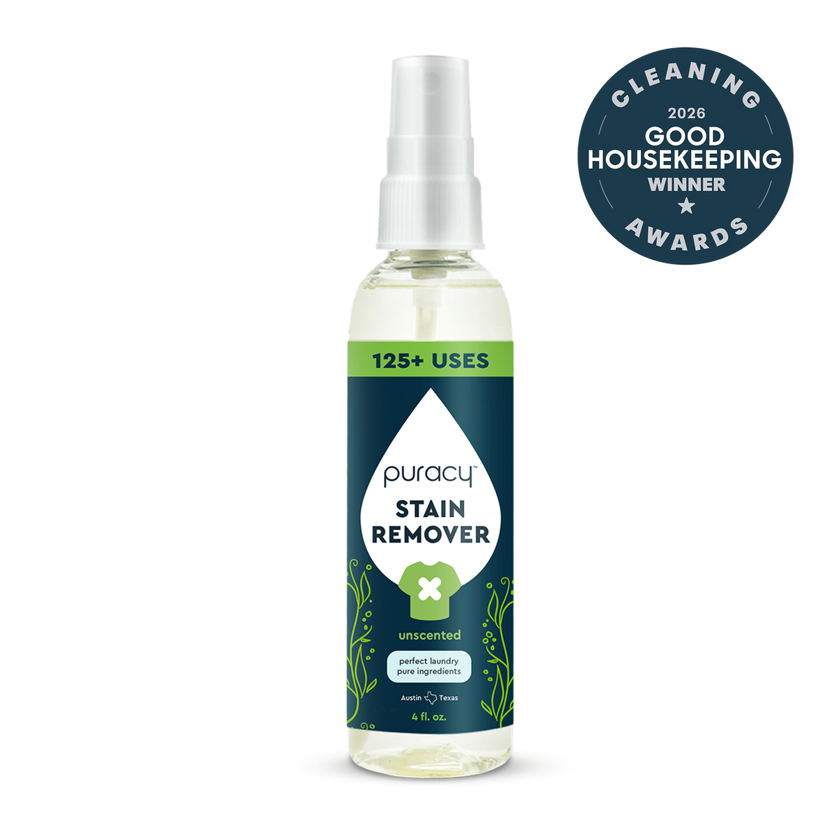π Laundry Stain Remover (100% off), unscented, with BOGO Bundle and award badge on display.