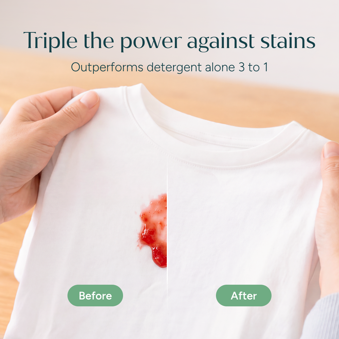 Hands hold a white shirt: left stained, right clean. Text: Laundry Stain Remover with triple enzymes.