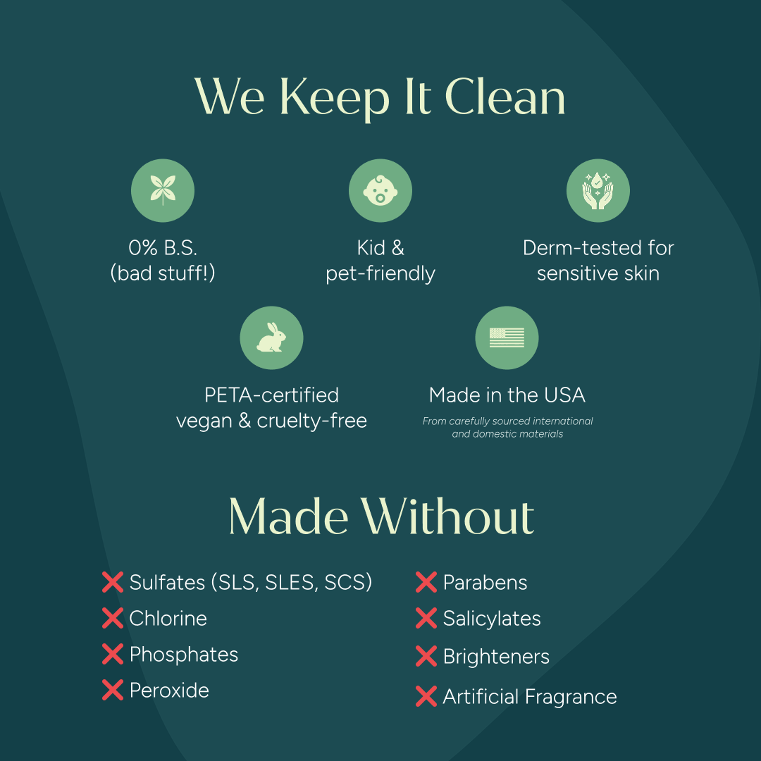 Laundry Stain Remover: enzyme-powered, vegan, derm-tested, kid & pet-safe, USA-made. No harsh stuff.