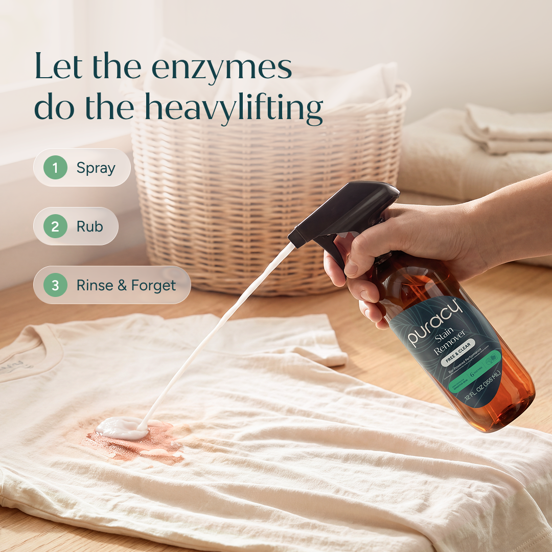 Spray Laundry Stain Remover on stains; steps: Spray, Rub, Rinse & Forget for spotless clothes.