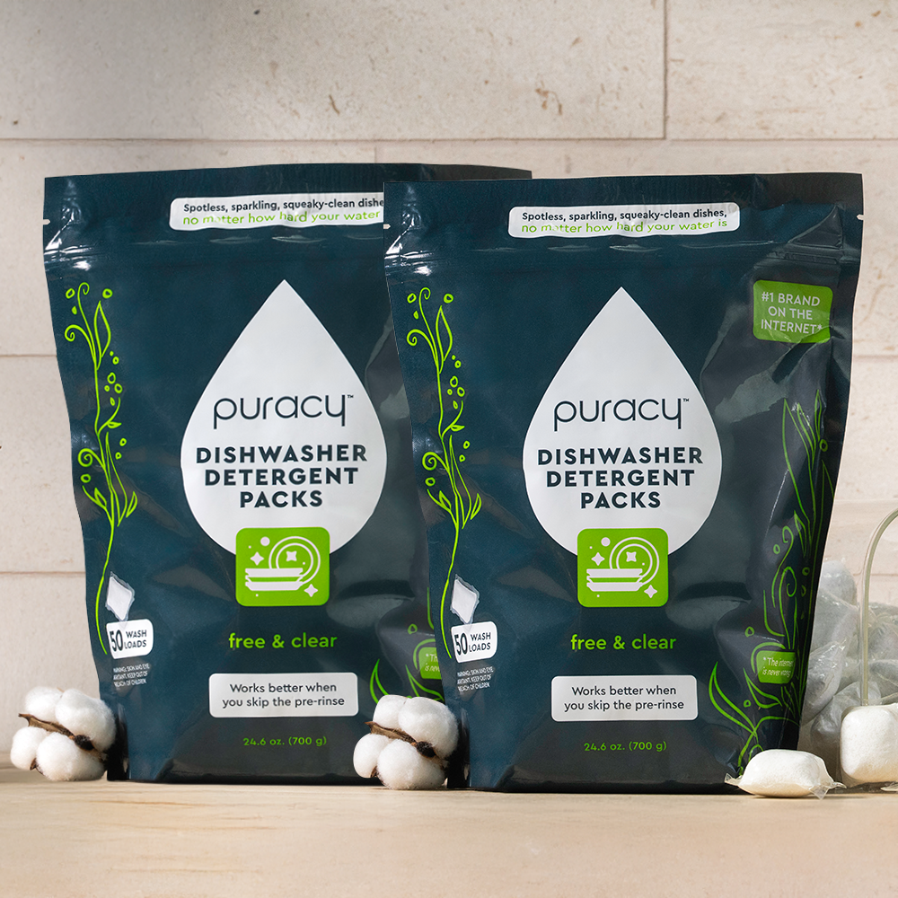 Two Dishwasher Detergent Pods bags sit on a shelf, featuring a plant-derived, cruelty-free formula.
