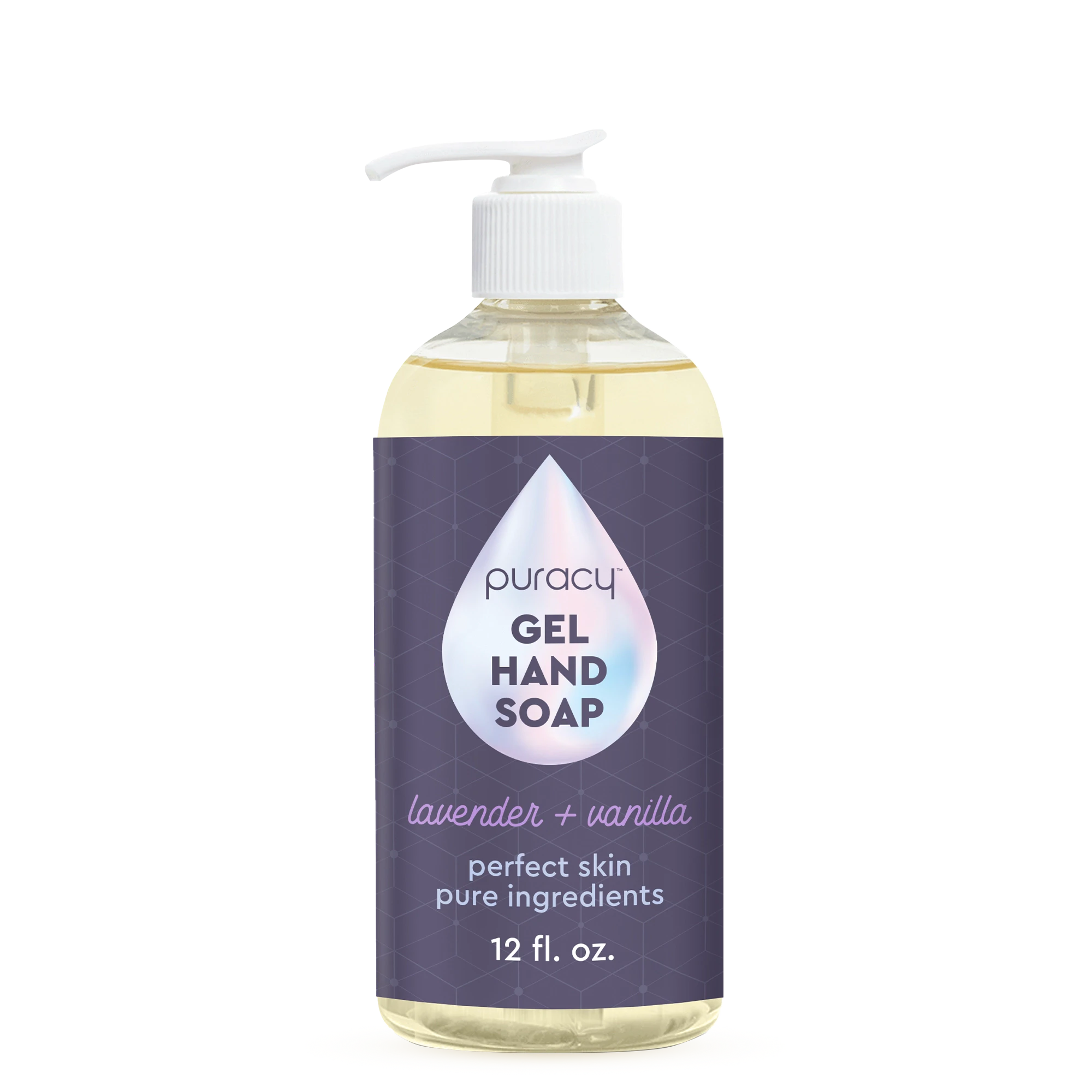 Puracy Gel Hand Soap, lavender vanilla scent, 12 fl. oz., with moisturizing plant-based ingredients.