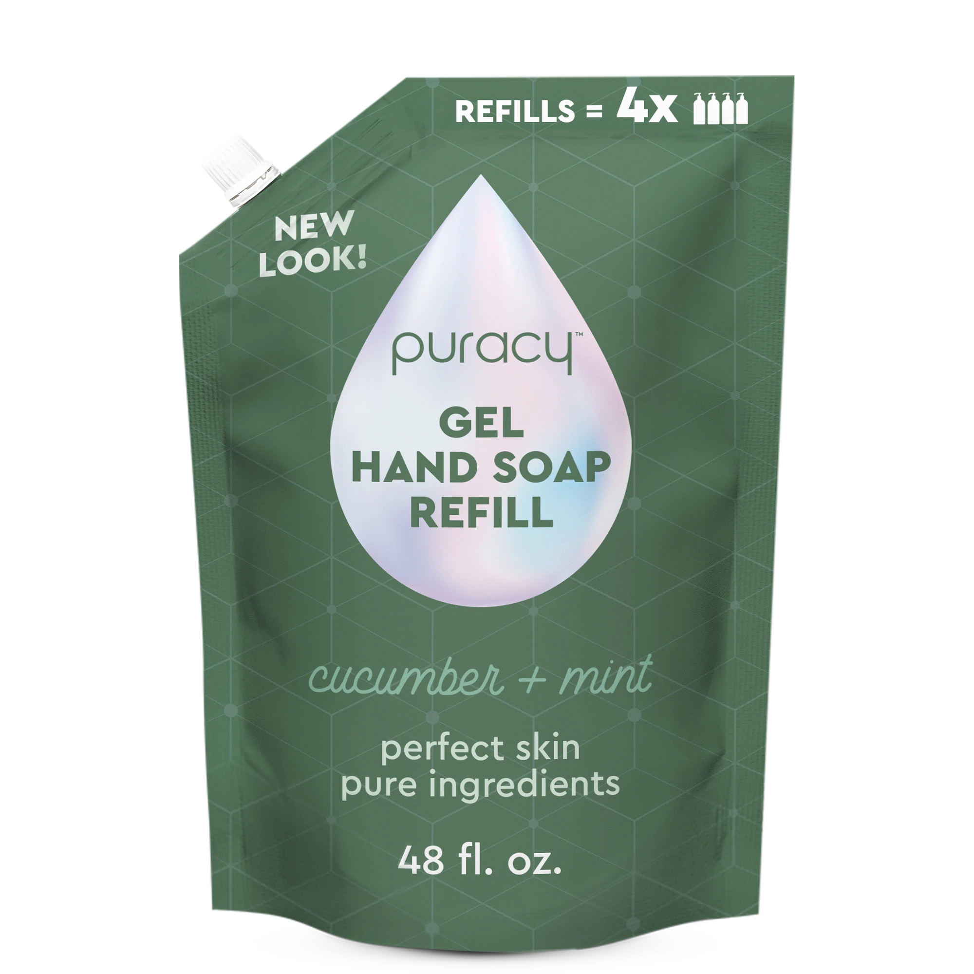 Green geometric pouch, 48 fl. oz., cruelty-free cucumber + mint Puracy Gel Hand Soap.