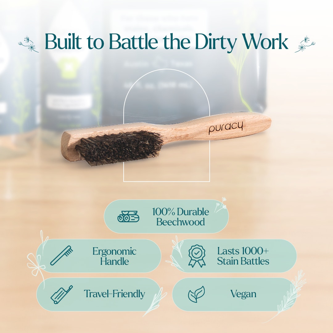 Wooden brush with bristles on a surface, labeled 'puracy', with text highlighting features.