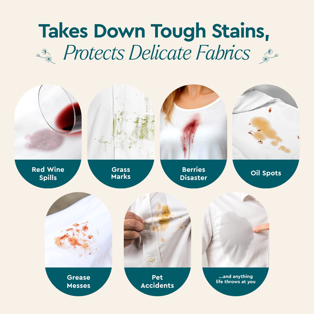 Product advertisement showing its effectiveness on various stains with text 'Takes Down Tough Stains, Protects Delicate Fabrics'.