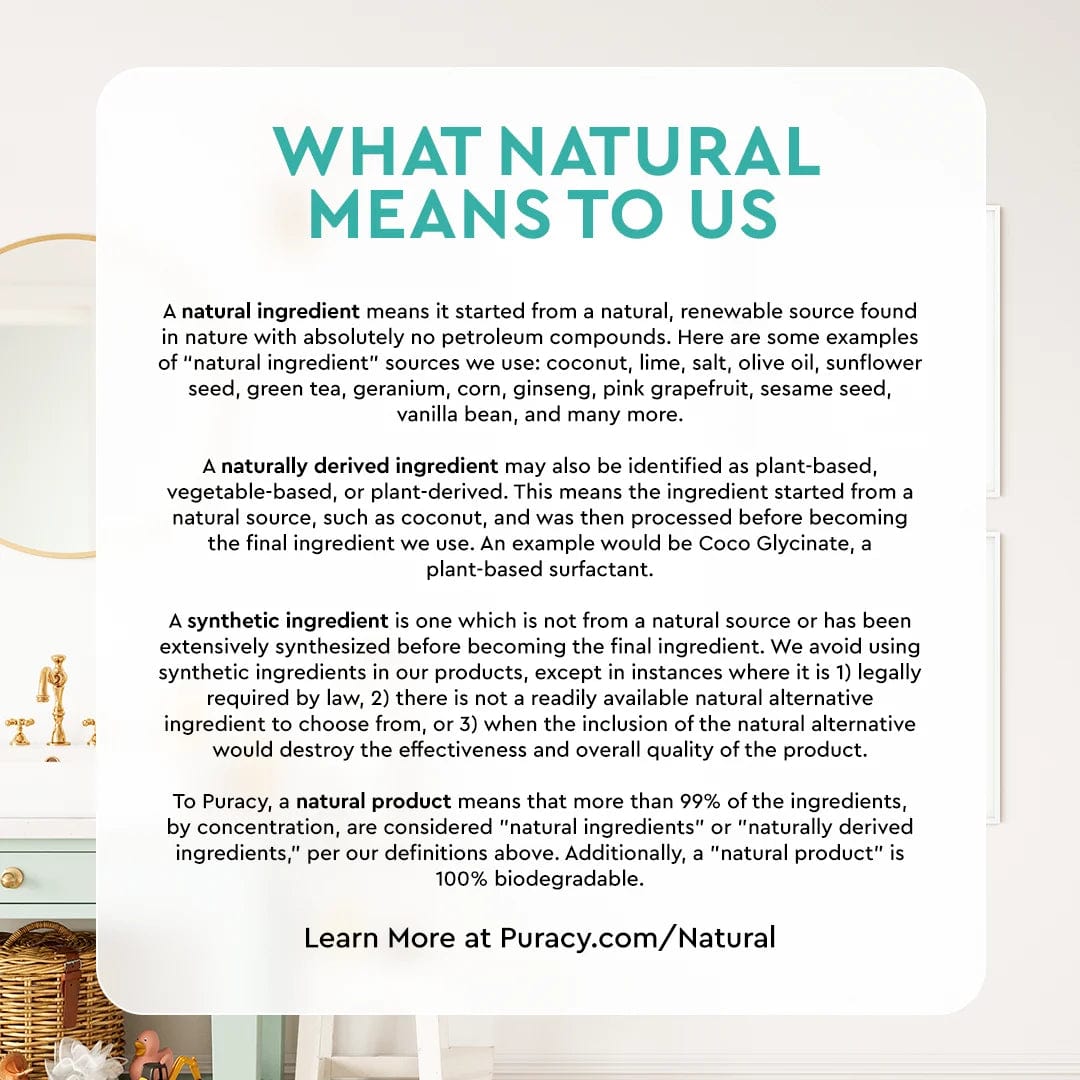 Infographic titled "What Natural Means to Us" by Puracy, explaining their definitions of natural ingredients and highlighting how plant-based enzymes contribute to the effectiveness and hypoallergenic quality of products such as Baby Laundry Detergent.
