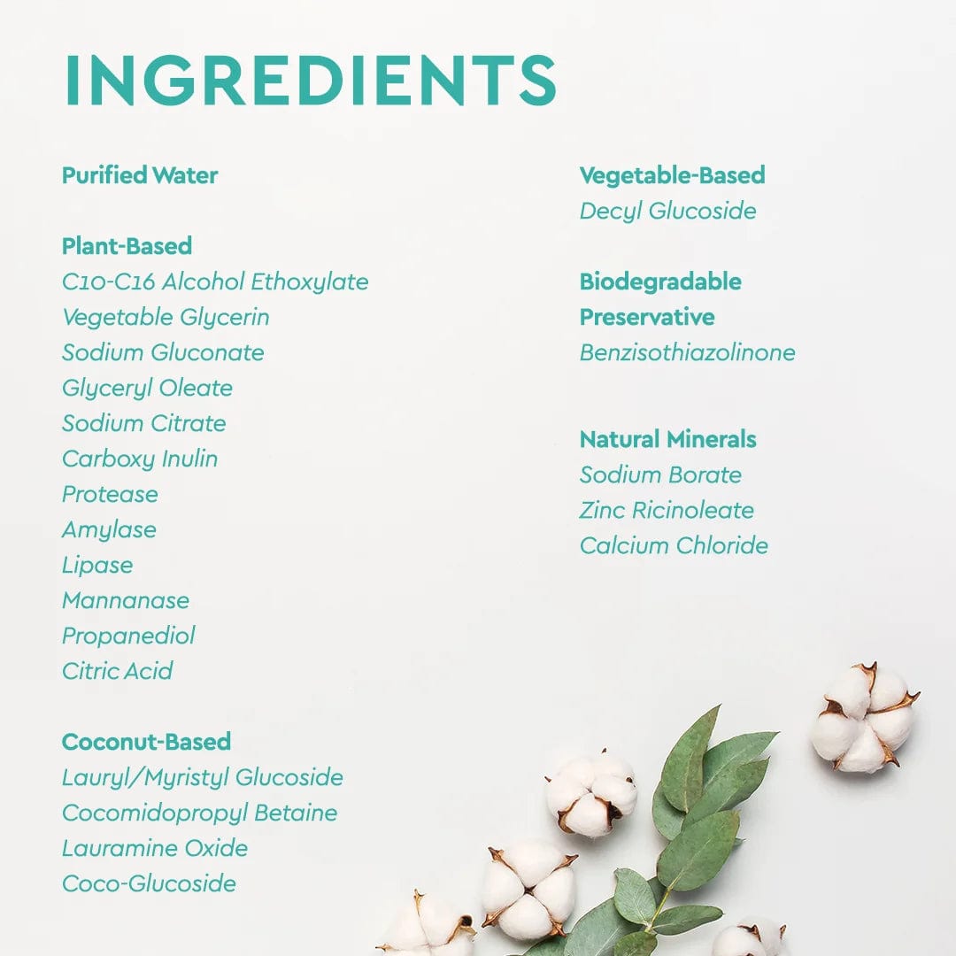 Ingredients list featuring hypoallergenic cotton alongside a decorative leaf design in the bottom right corner of the Baby Laundry Detergent packaging.