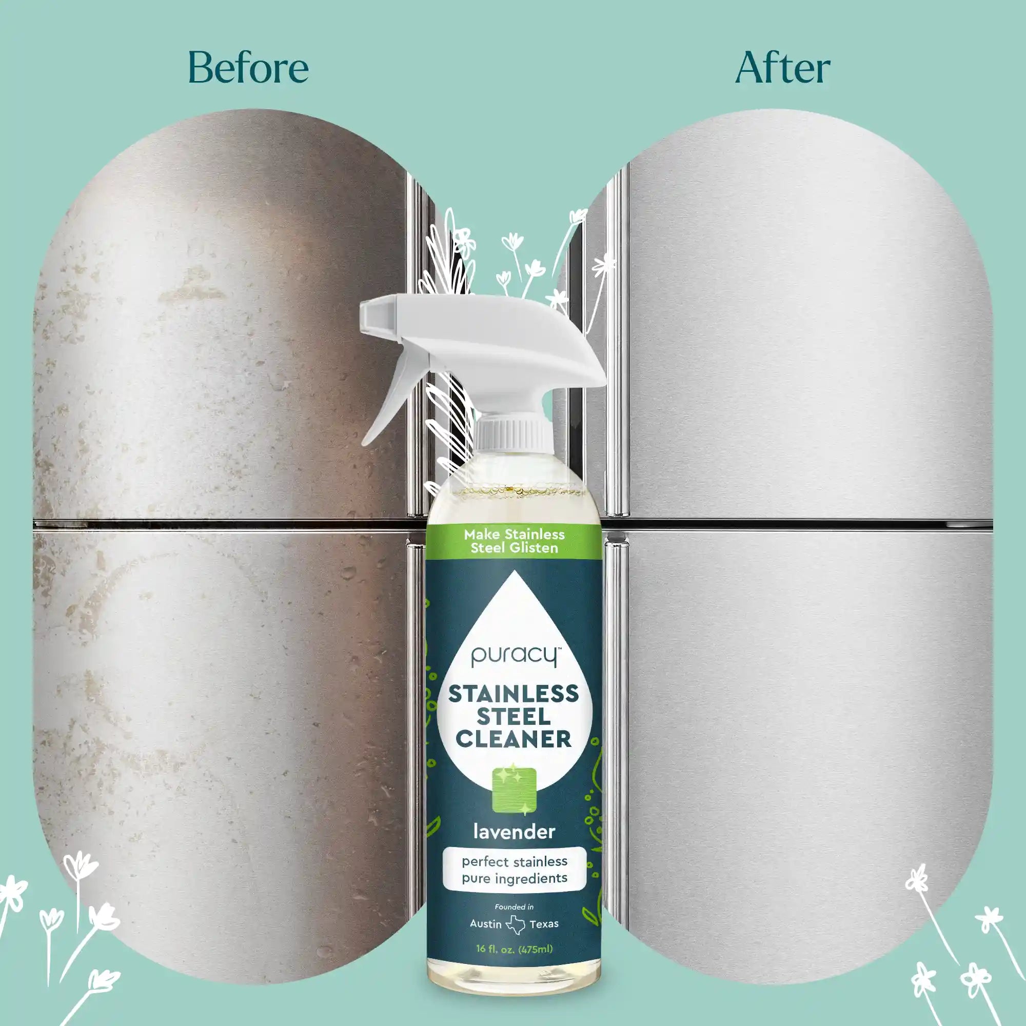 A comparison of a stainless steel surface, with the left side grimy and the right side gleaming after using the Stainless Steel Surface Cleaner.