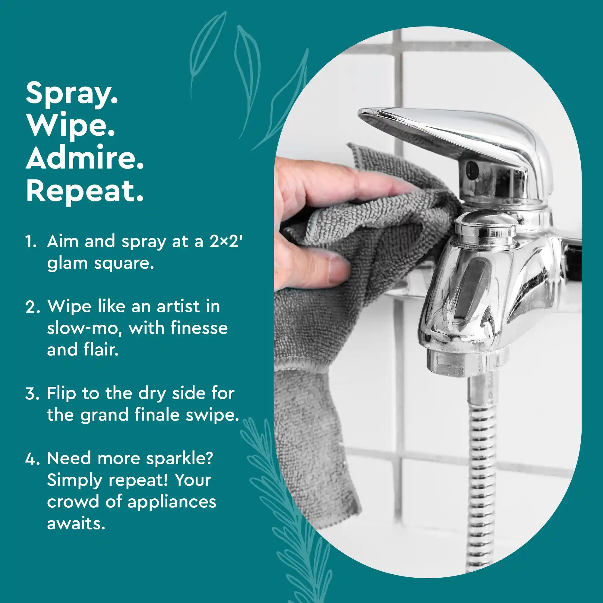 A person uses a cloth and the Stainless Steel Surface Cleaner to clean a faucet, with cleaning instructions beside them.