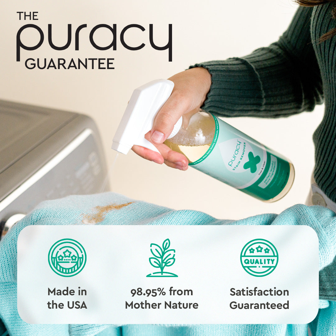 A hand sprays Laundry Stain Remover on fabric, with product guarantees and icons displayed below.