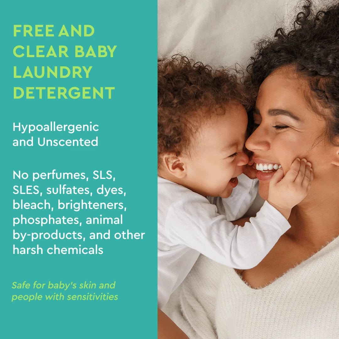 A smiling mother cuddles her baby as an advertisement for Baby Laundry Detergent, featuring its gentle and hypoallergenic formula with plant-based enzymes, appears beside them.