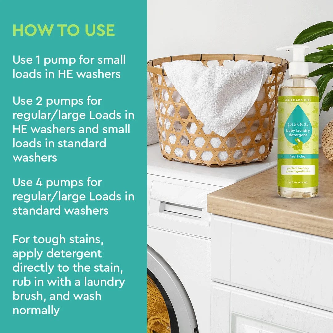 A bottle of Baby Laundry Detergent is placed on the counter next to a wicker basket adorned with a white towel and a vibrant plant. This hypoallergenic formula, infused with plant-based enzymes, gently cleans your little one's clothes while ensuring softness and safety. #common #size_standard unscented_#size