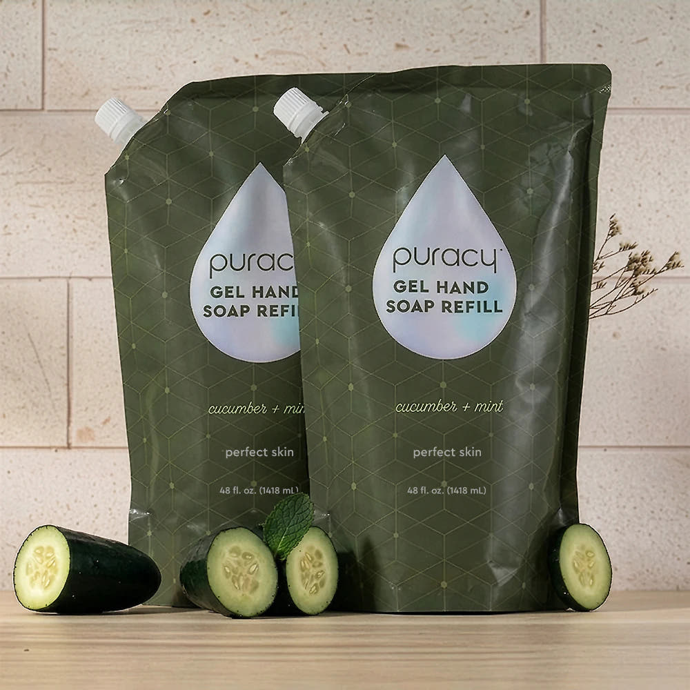 Two green pouches of Gel Hand Soap, cucumber mint scent with plant-derived ingredients.