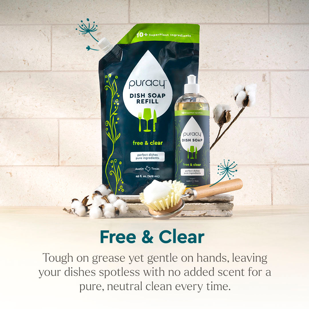 Dish Soap refill and bottle with a wooden brush, cotton branches, and white tiles. #common #scent_unscented