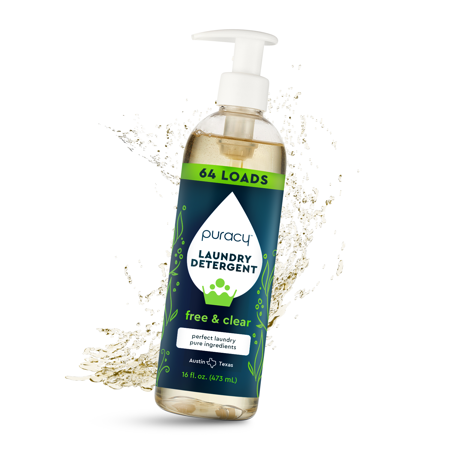 A bottle of eco-friendly Laundry Detergent (Concentrated, Sulfate-Free) on a white background with splashes.