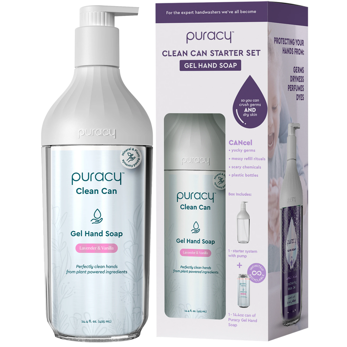 Puracy Gel Hand Soap Lavender Vanilla Clean Can Starter Set